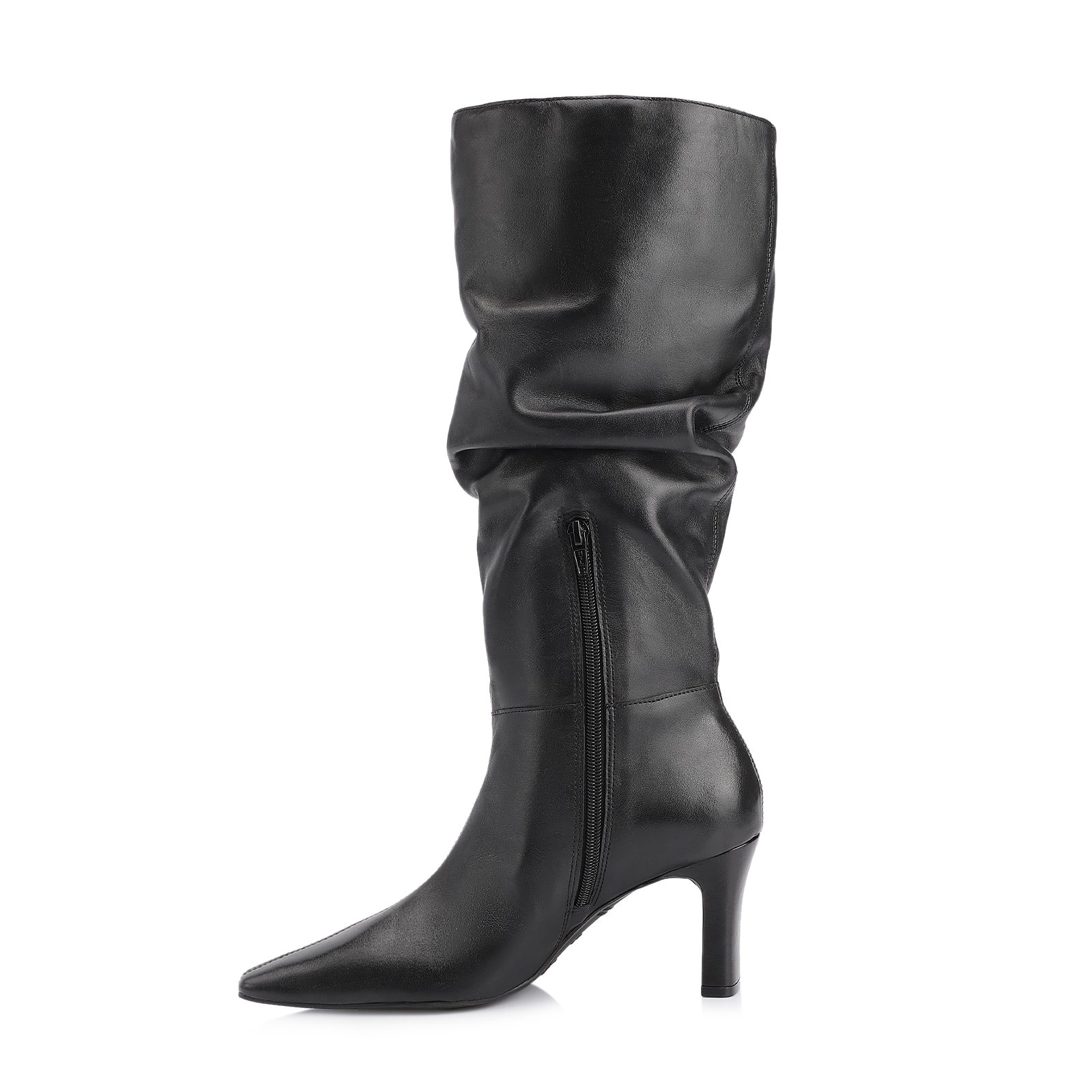 Bota Preta Cano Alto Salto Alto Couro Alto Slouch
