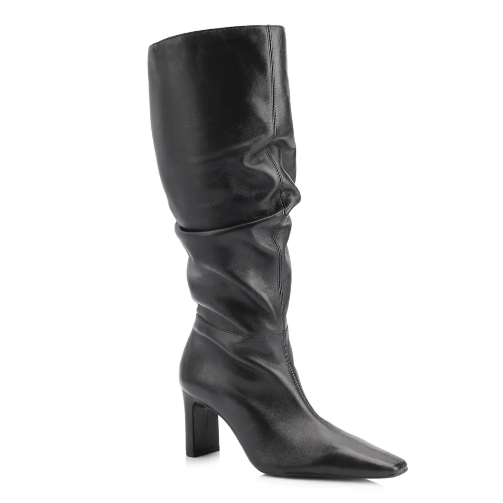 Bota Preta Cano Alto Salto Alto Couro Alto Slouch