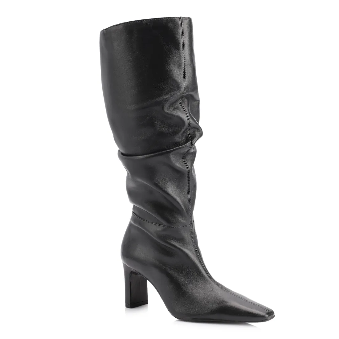 Bota Preta Cano Alto Salto Alto Couro Alto Slouch