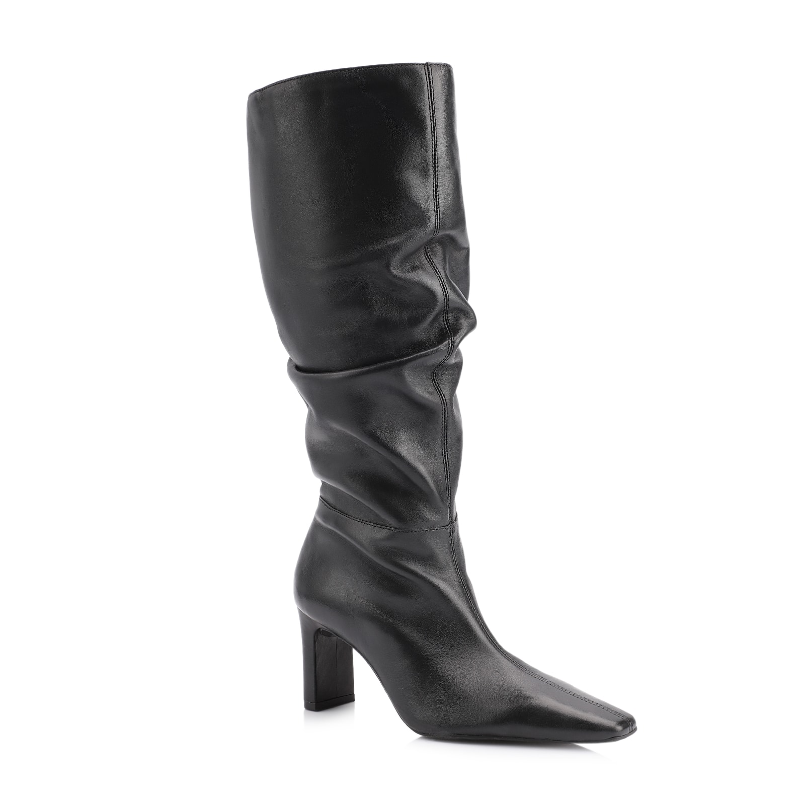 Bota Preta Cano Alto Salto Alto Couro Alto Slouch
