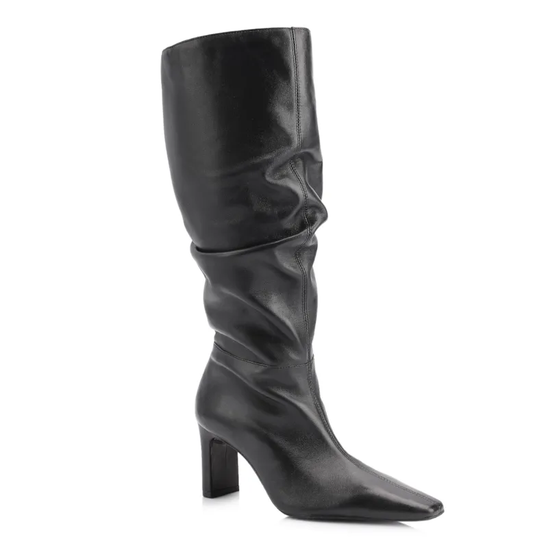 Bota Preta Cano Alto Salto Alto Couro Alto Slouch