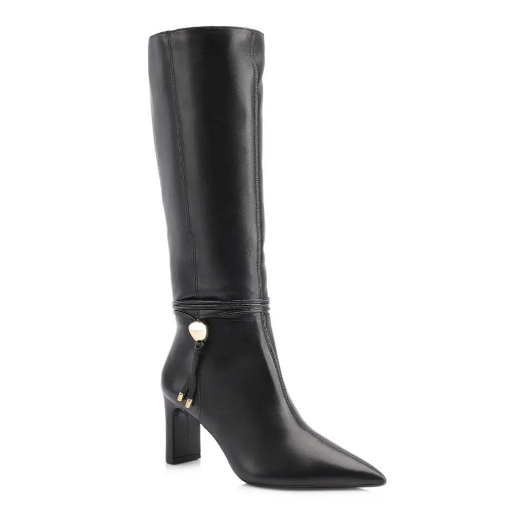 Bota Preta Cano Alto Salto Alto Couro Pingente Dourado