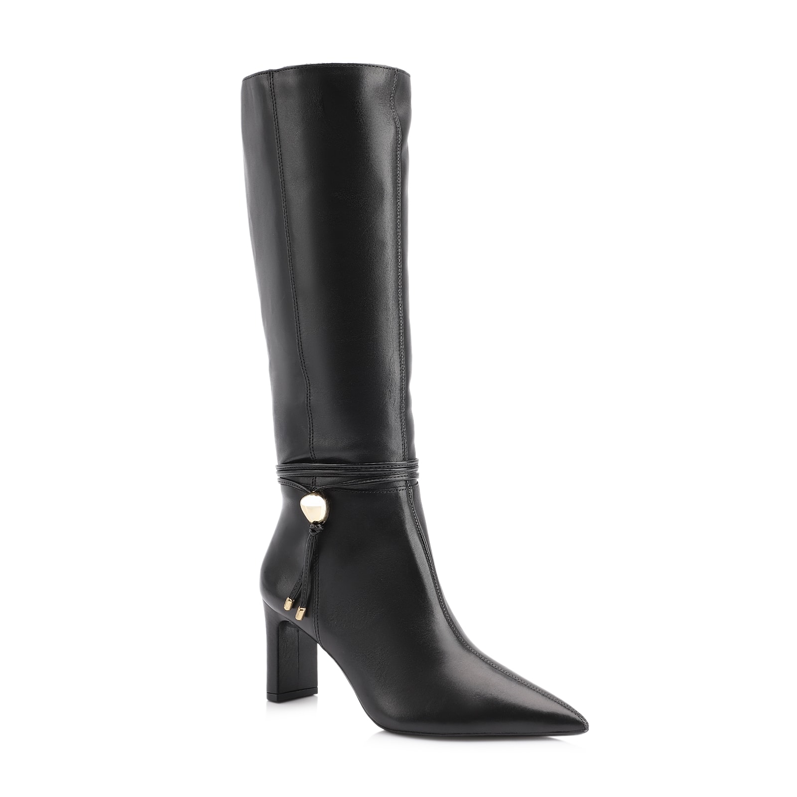 Bota Preta Cano Alto Salto Alto Couro Pingente Dourado
