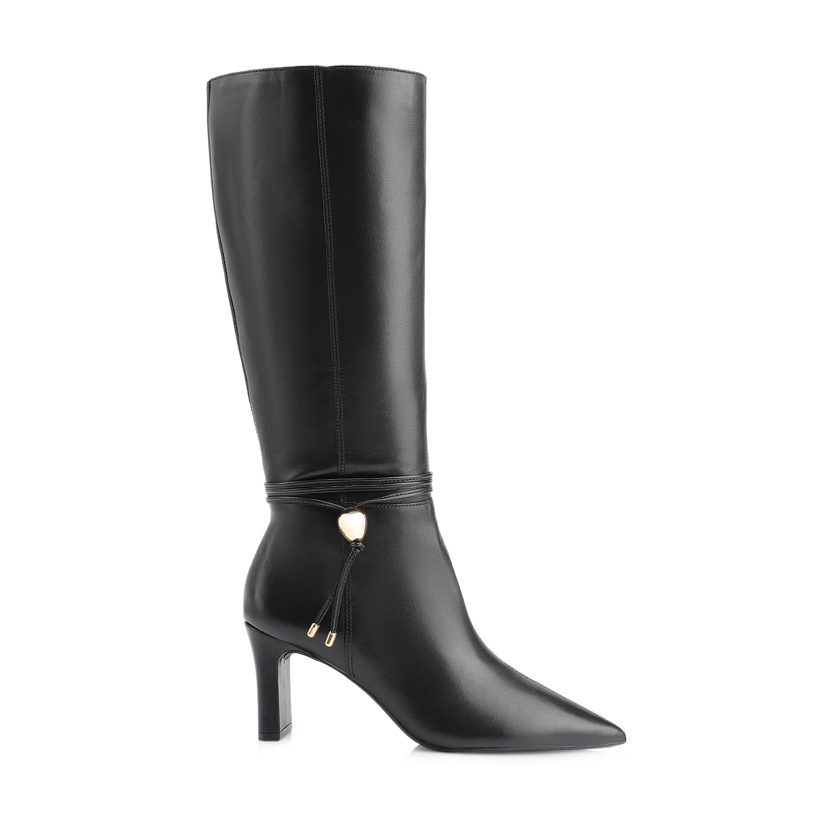 Bota Preta Cano Alto Salto Alto Couro Pingente Dourado