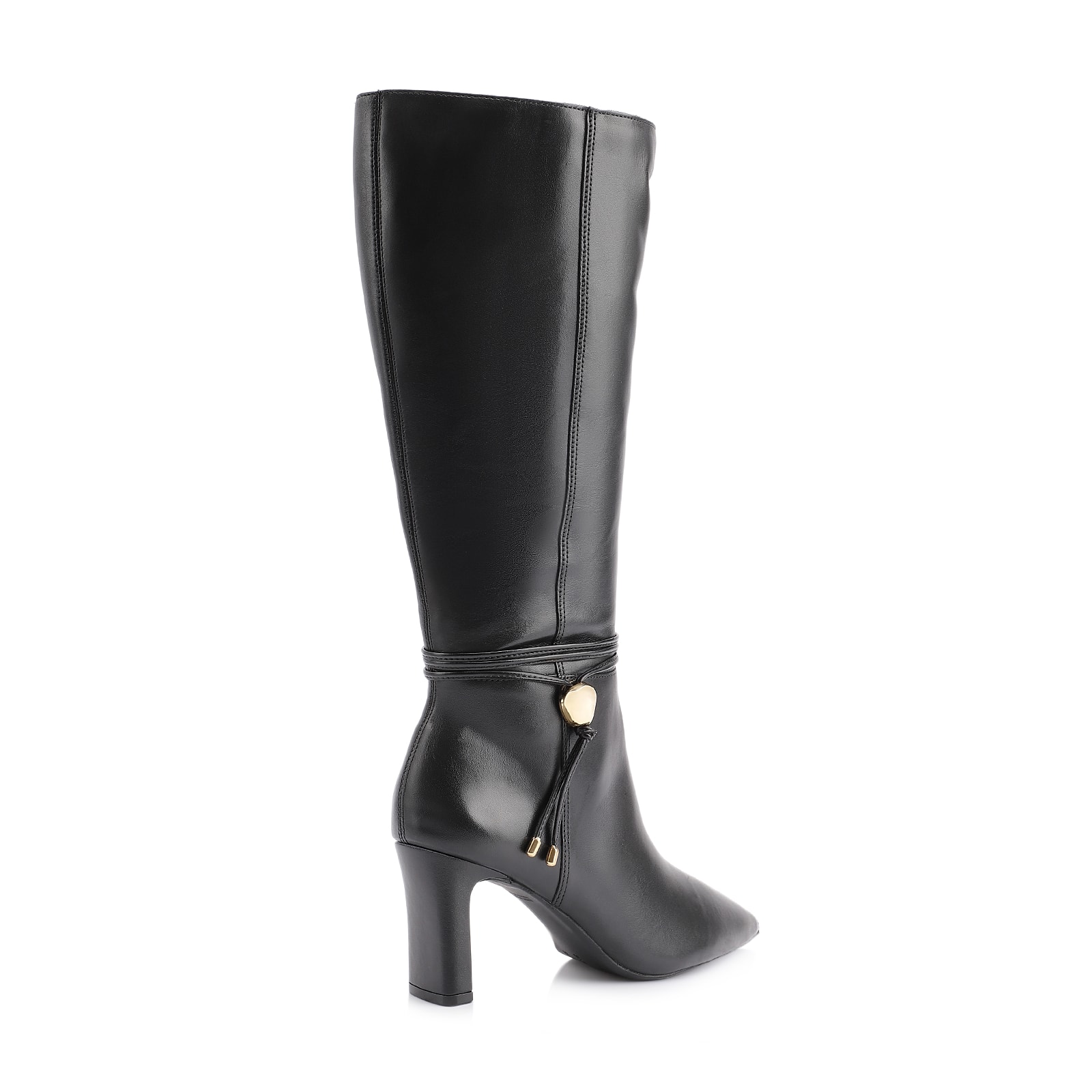 Bota Preta Cano Alto Salto Alto Couro Pingente Dourado