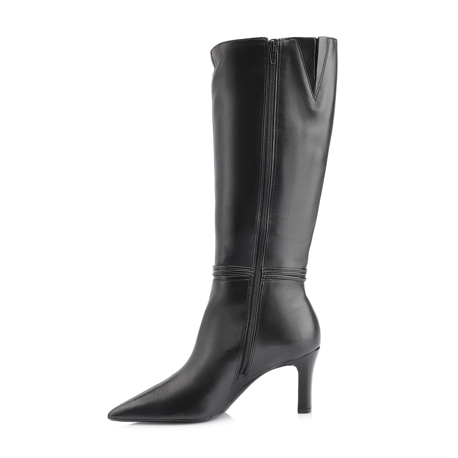 Bota Preta Cano Alto Salto Alto Couro Pingente Dourado