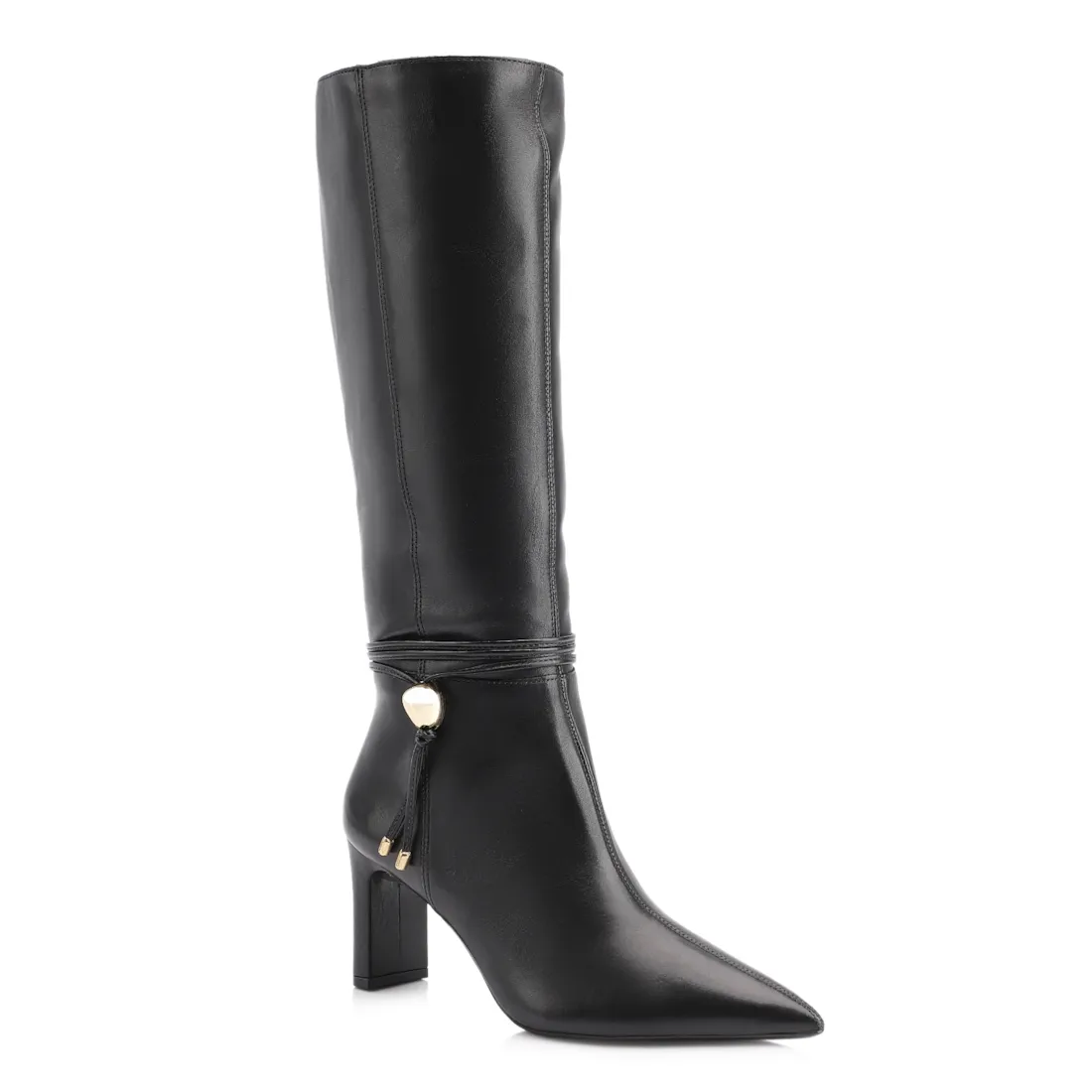 Bota Preta Cano Alto Salto Alto Couro Pingente Dourado