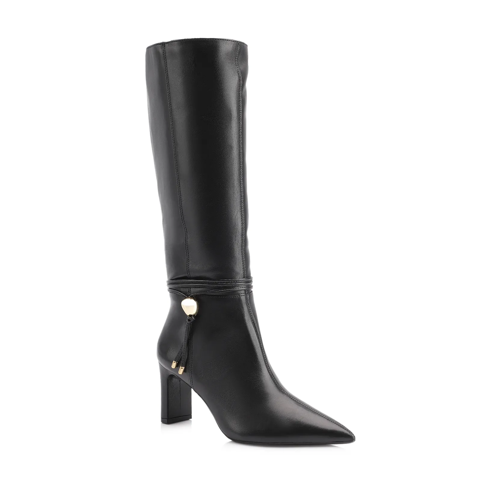 Bota Preta Cano Alto Salto Alto Couro Pingente Dourado