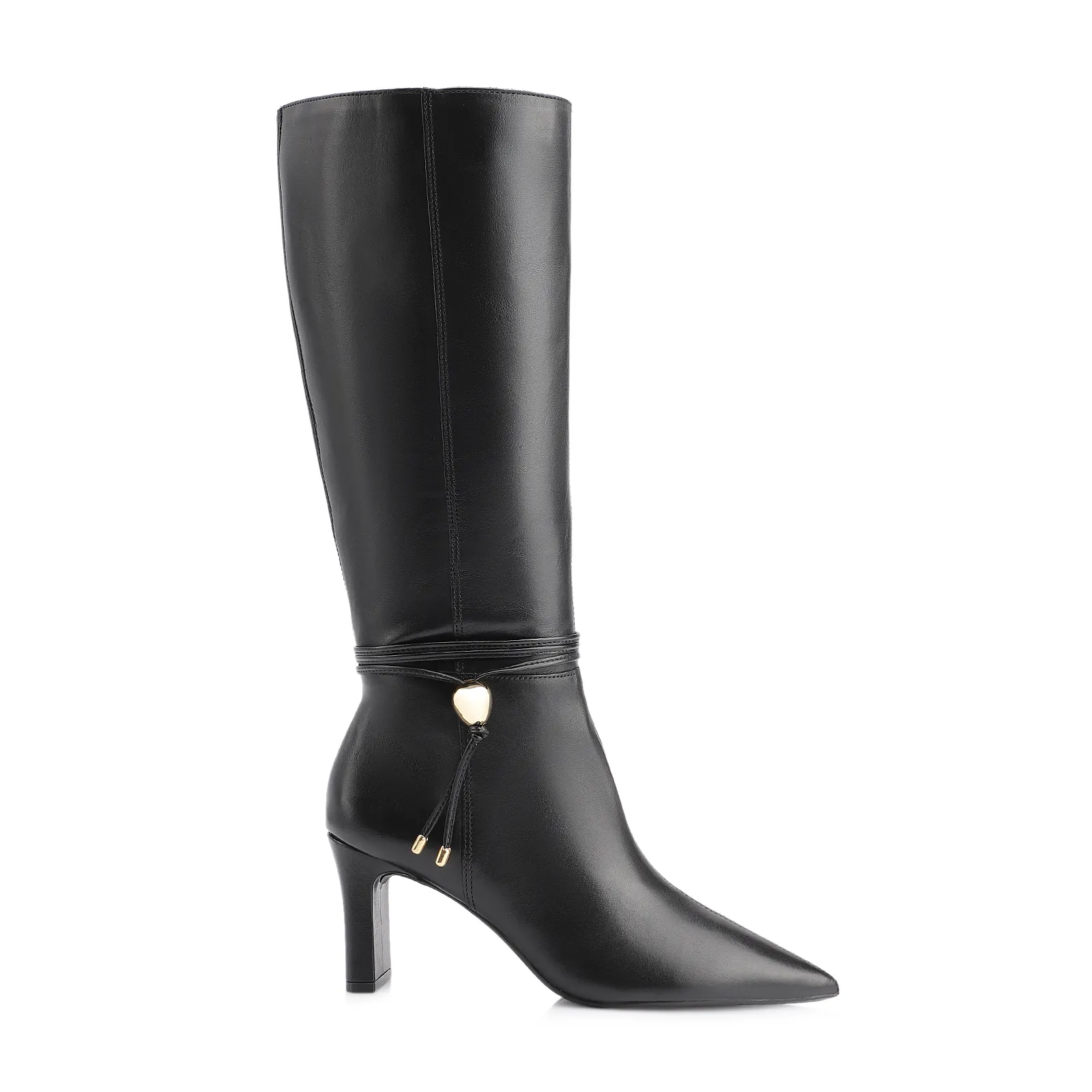 Bota Preta Cano Alto Salto Alto Couro Pingente Dourado