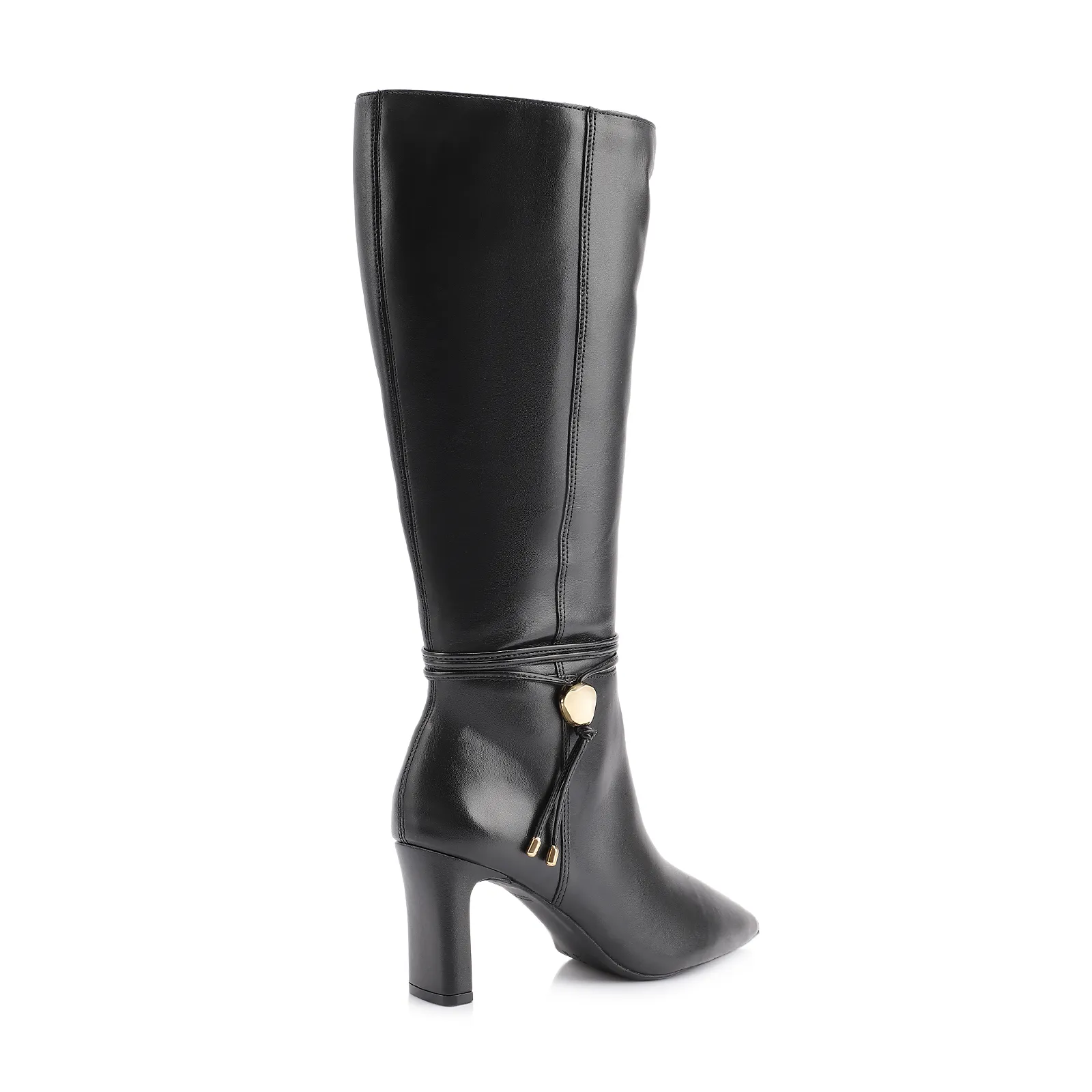 Bota Preta Cano Alto Salto Alto Couro Pingente Dourado