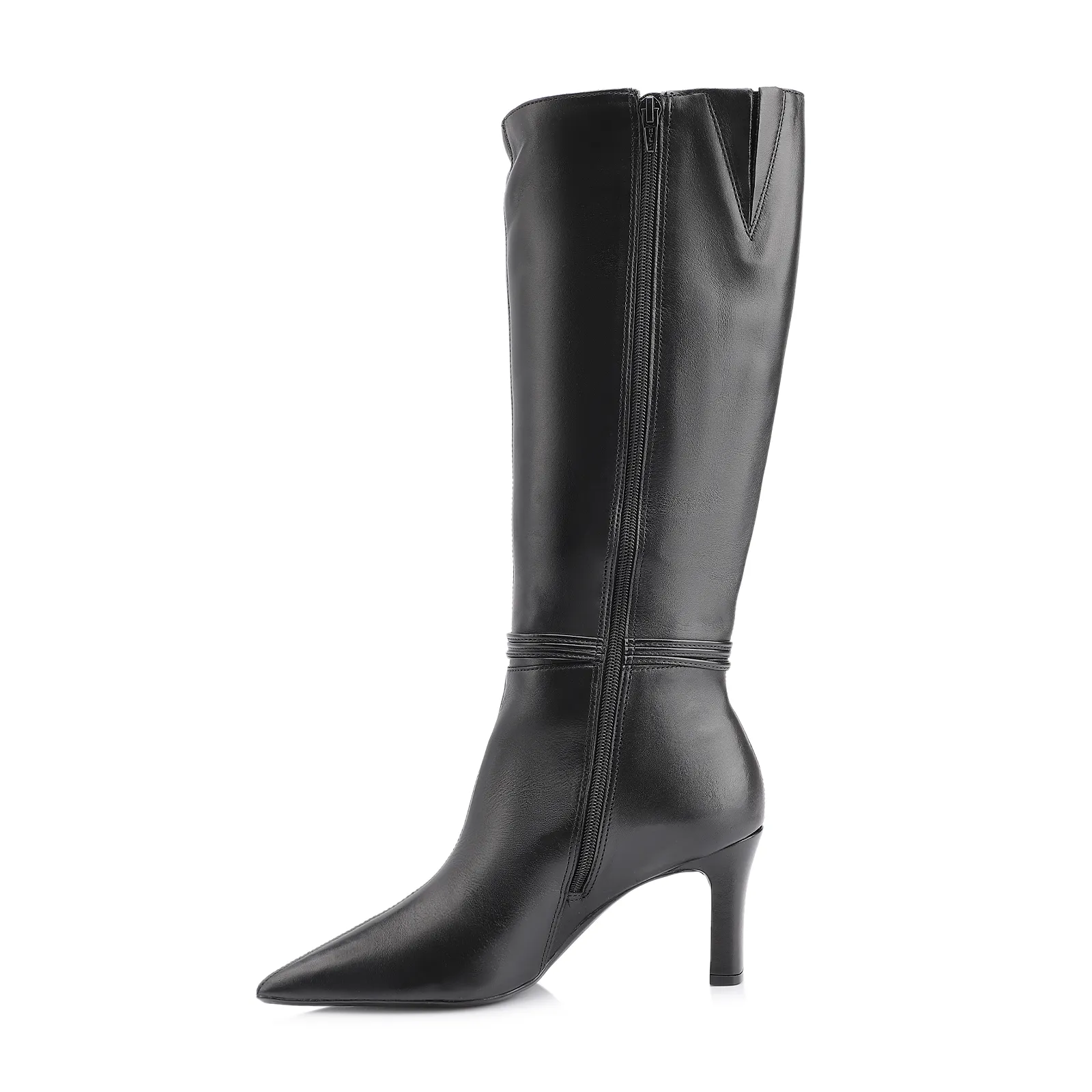 Bota Preta Cano Alto Salto Alto Couro Pingente Dourado