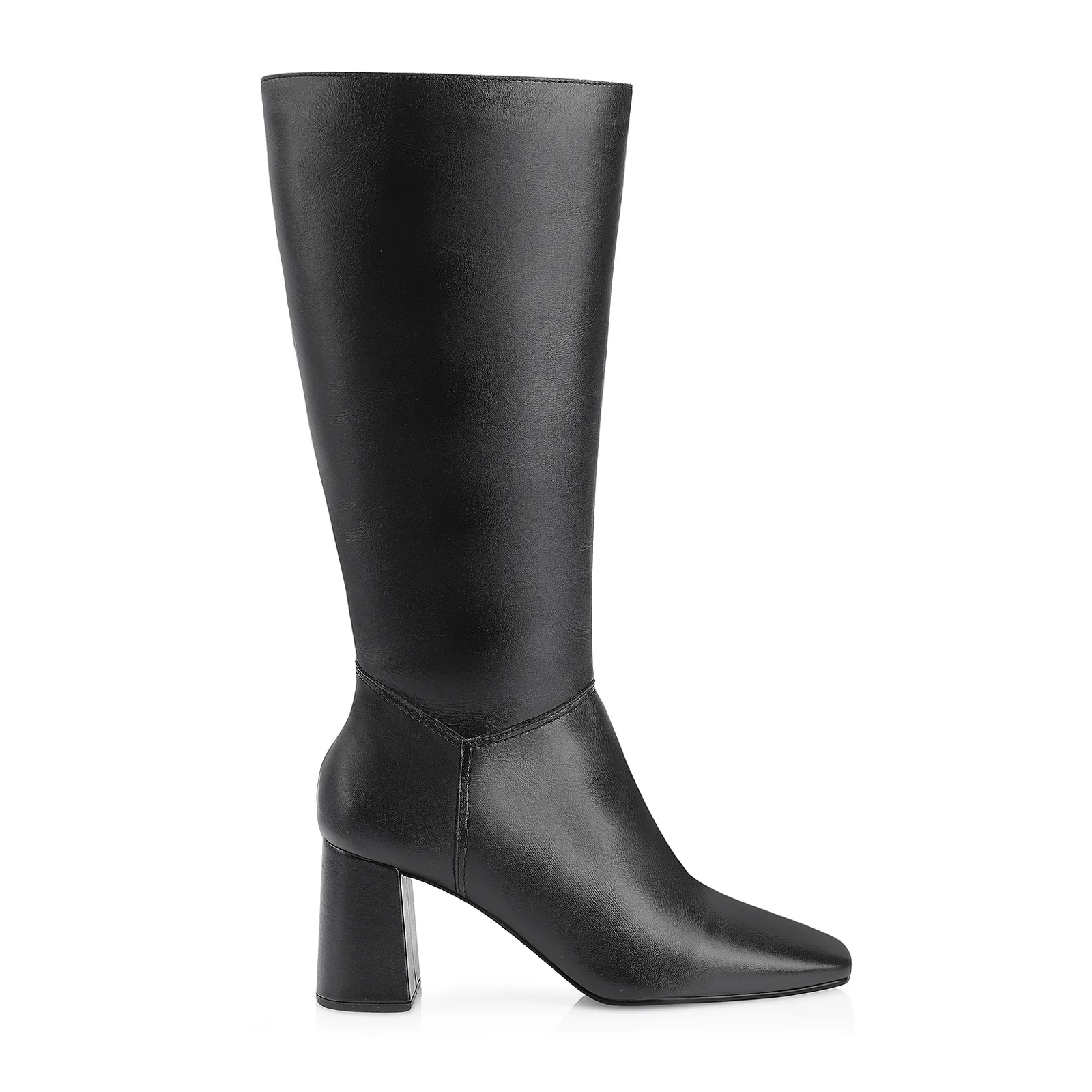 Bota Preta Cano Alto Salto Médio Couro Bico Quadrado