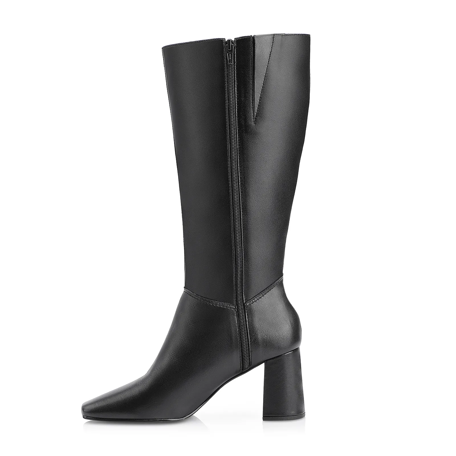 Bota Preta Cano Alto Salto Médio Couro Bico Quadrado