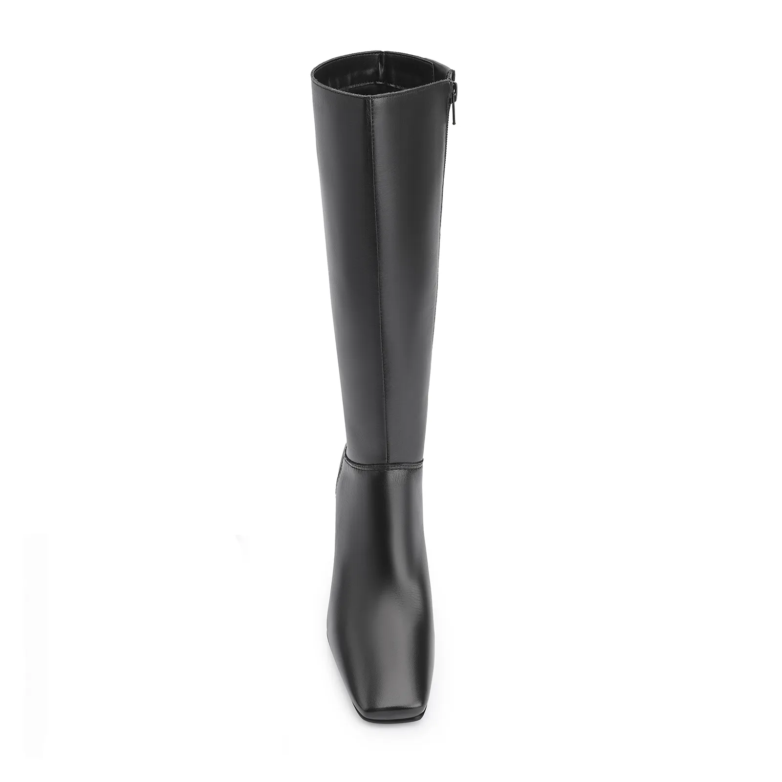 Bota Preta Cano Alto Salto Médio Couro Bico Quadrado