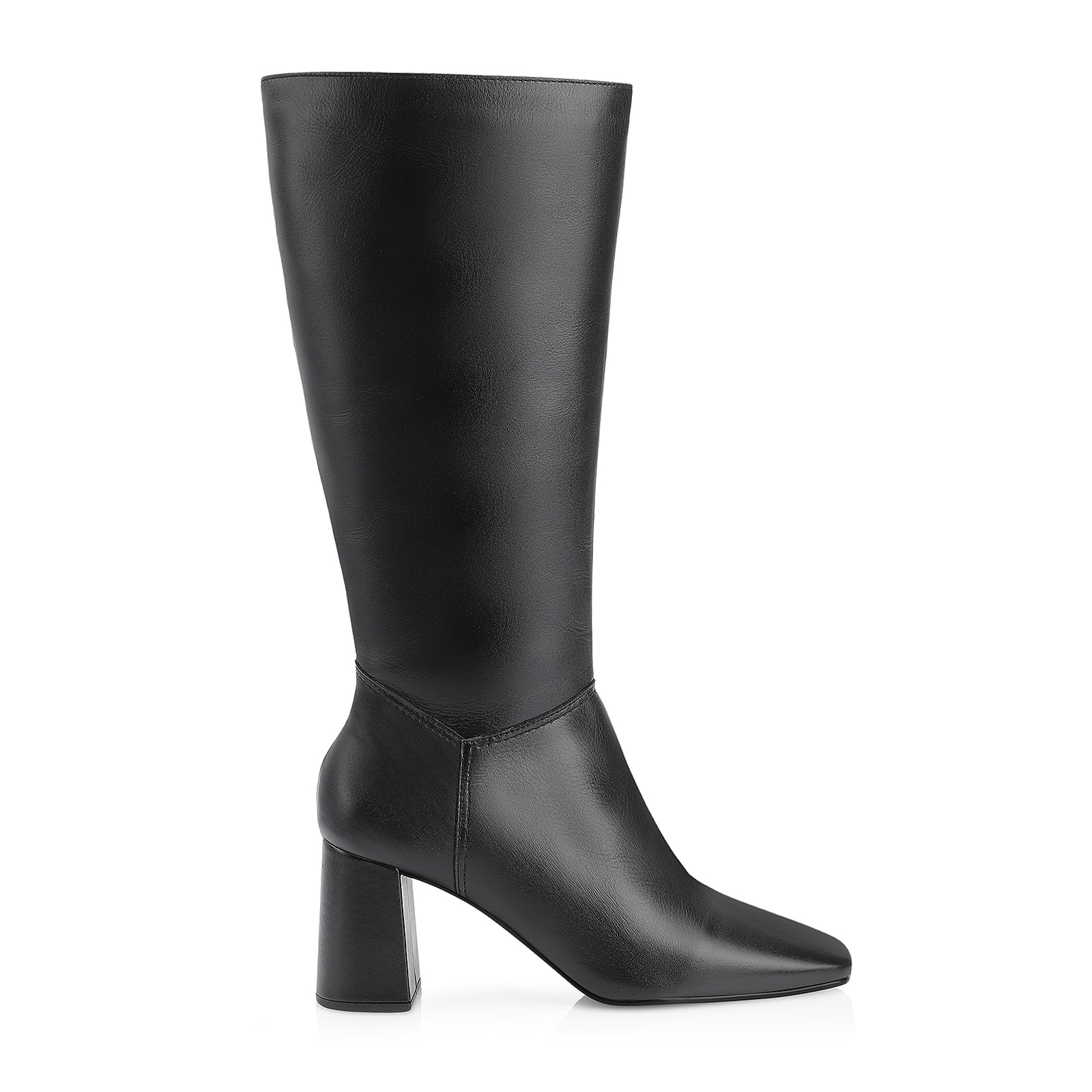 Bota Preta Cano Alto Salto Médio Couro Bico Quadrado