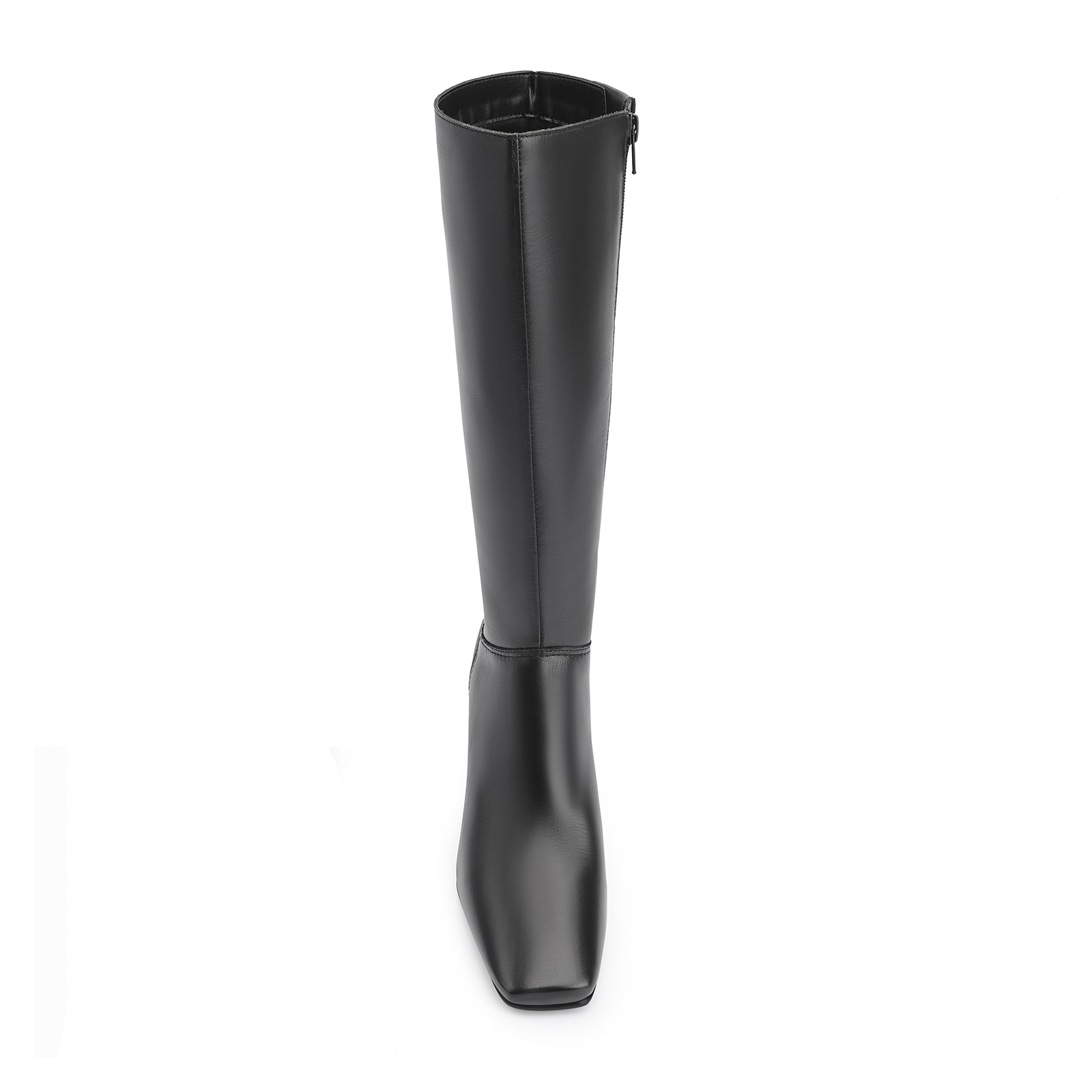 Bota Preta Cano Alto Salto Médio Couro Bico Quadrado
