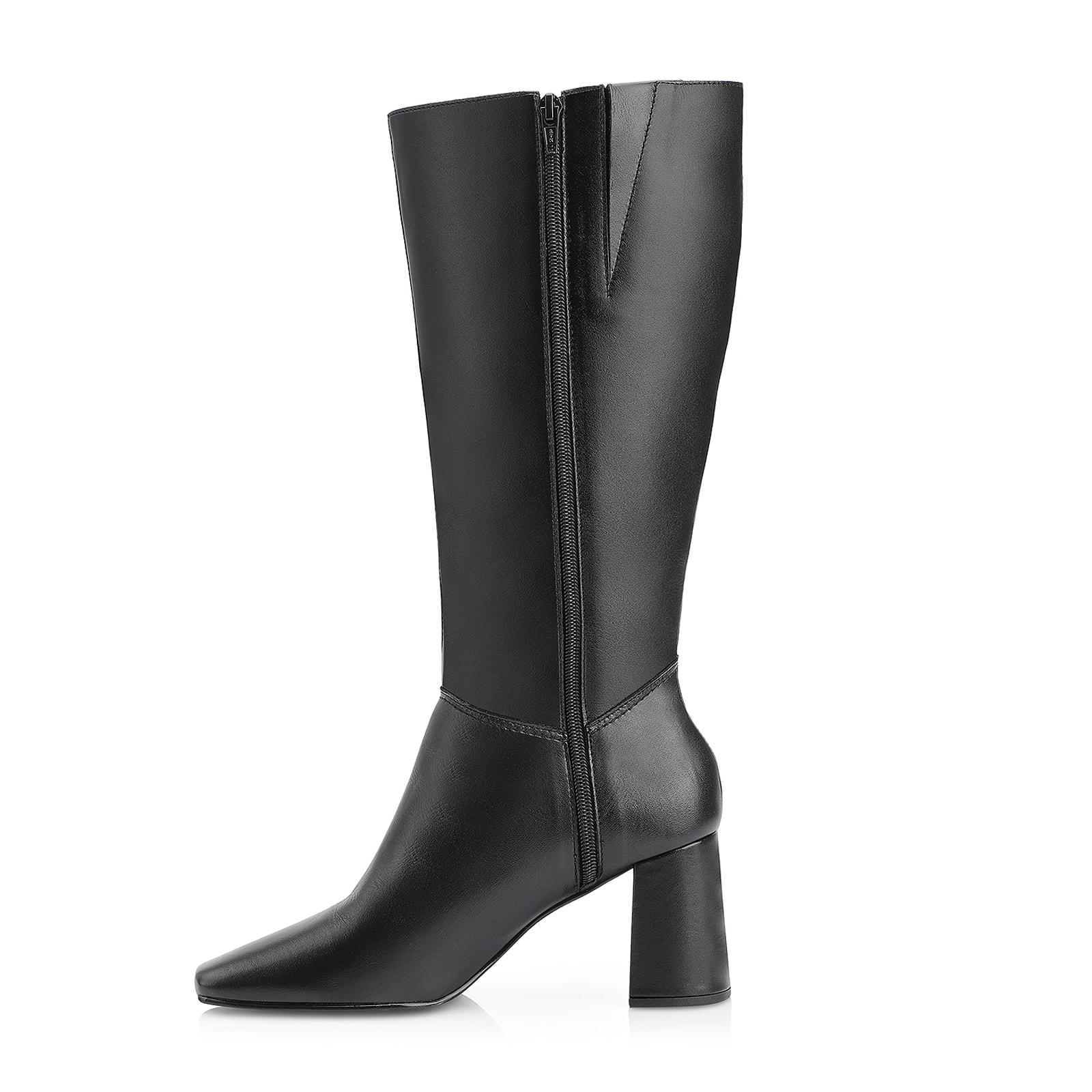 Bota Preta Cano Alto Salto Médio Couro Bico Quadrado