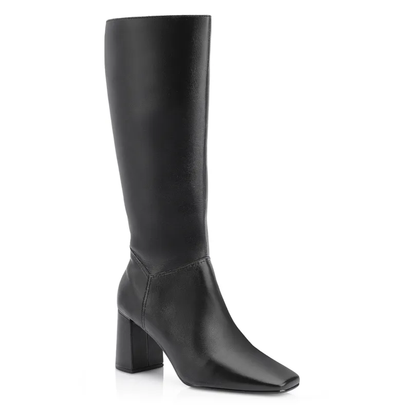 Bota Preta Cano Alto Salto Médio Couro Bico Quadrado