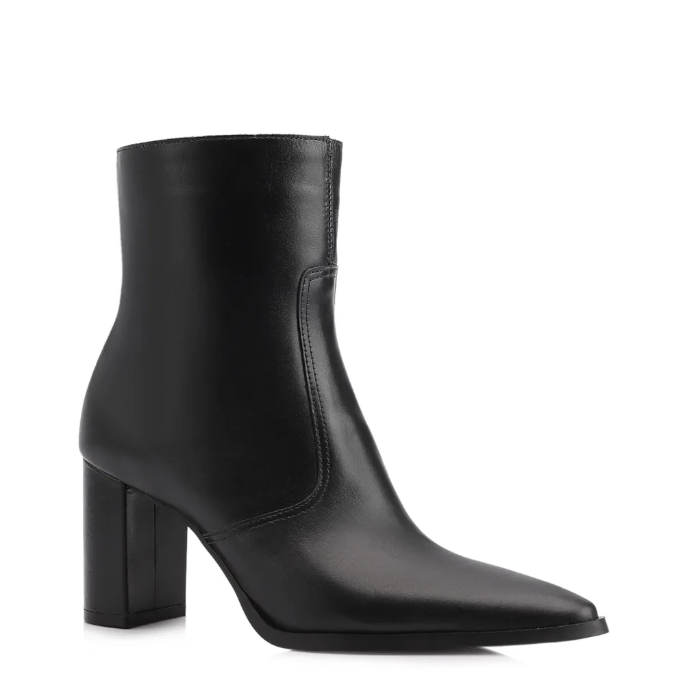 Bota Preta Cano Baixo Salto Alto Couro Bico Fino
