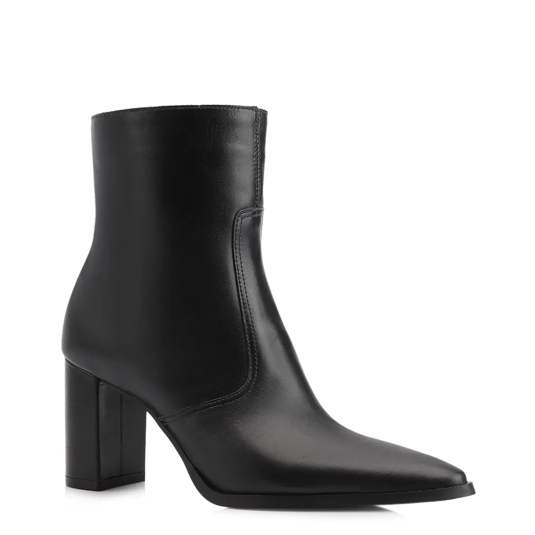 Bota Preta Cano Baixo Salto Alto Couro Bico Fino