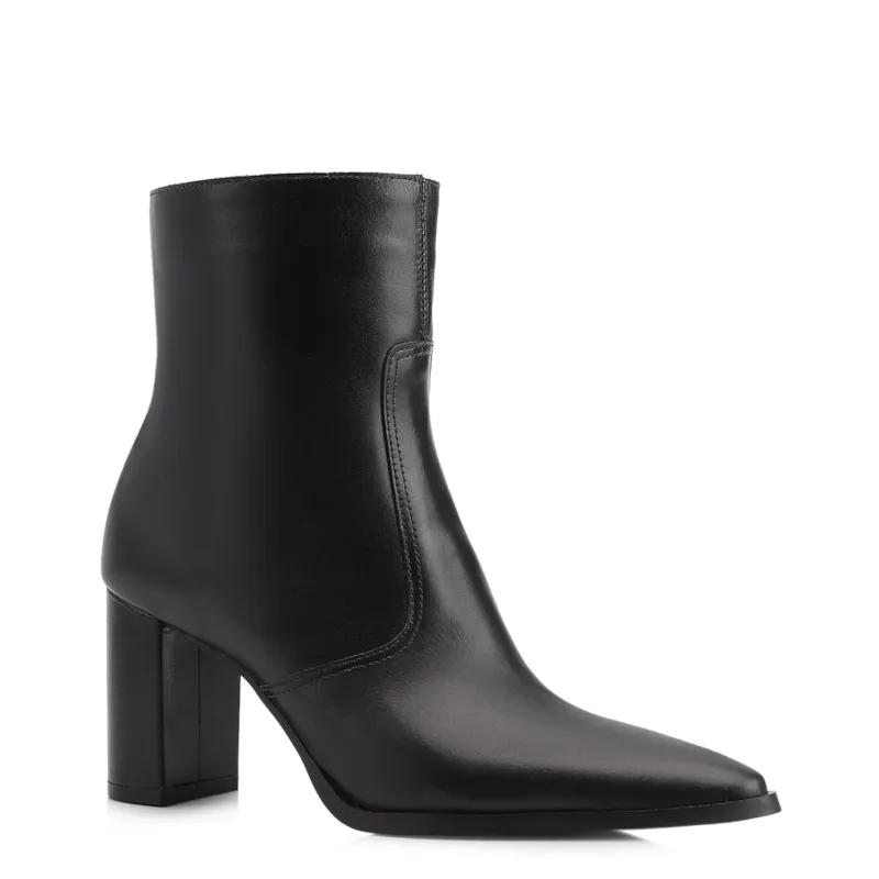 Bota Preta Cano Baixo Salto Alto Couro Bico Fino