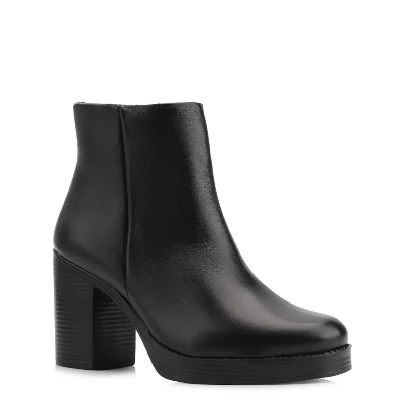 Bota Preta Cano Baixo Salto Alto Couro Bico Redondo