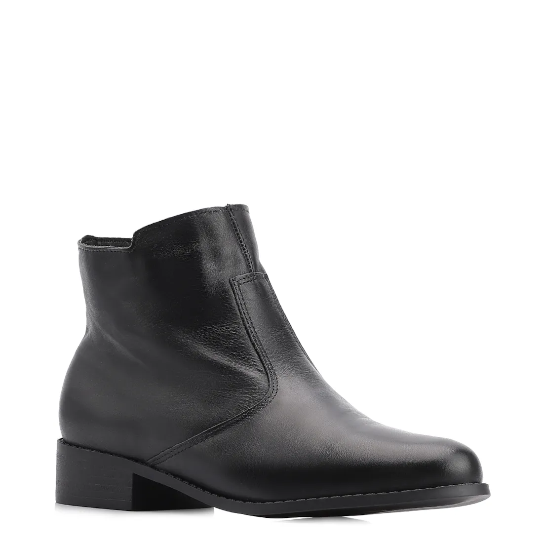 Bota Preta Cano Baixo Salto Baixo Couro Bico Redondo