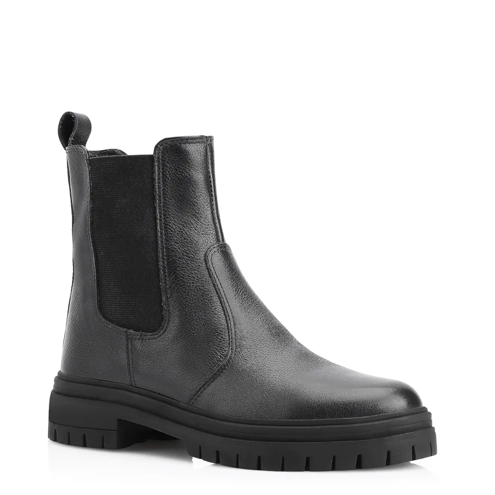 Bota Preta Cano Baixo Salto Baixo Couro Chelsea Tratorada