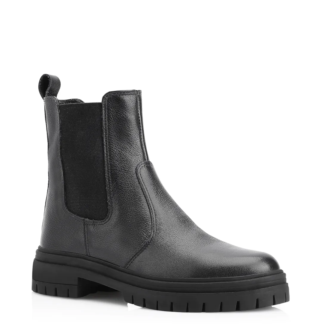 Bota Preta Cano Baixo Salto Baixo Couro Chelsea Tratorada