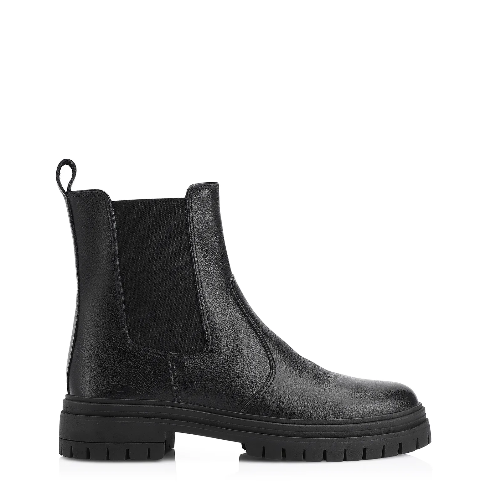 Bota Preta Cano Baixo Salto Baixo Couro Chelsea Tratorada