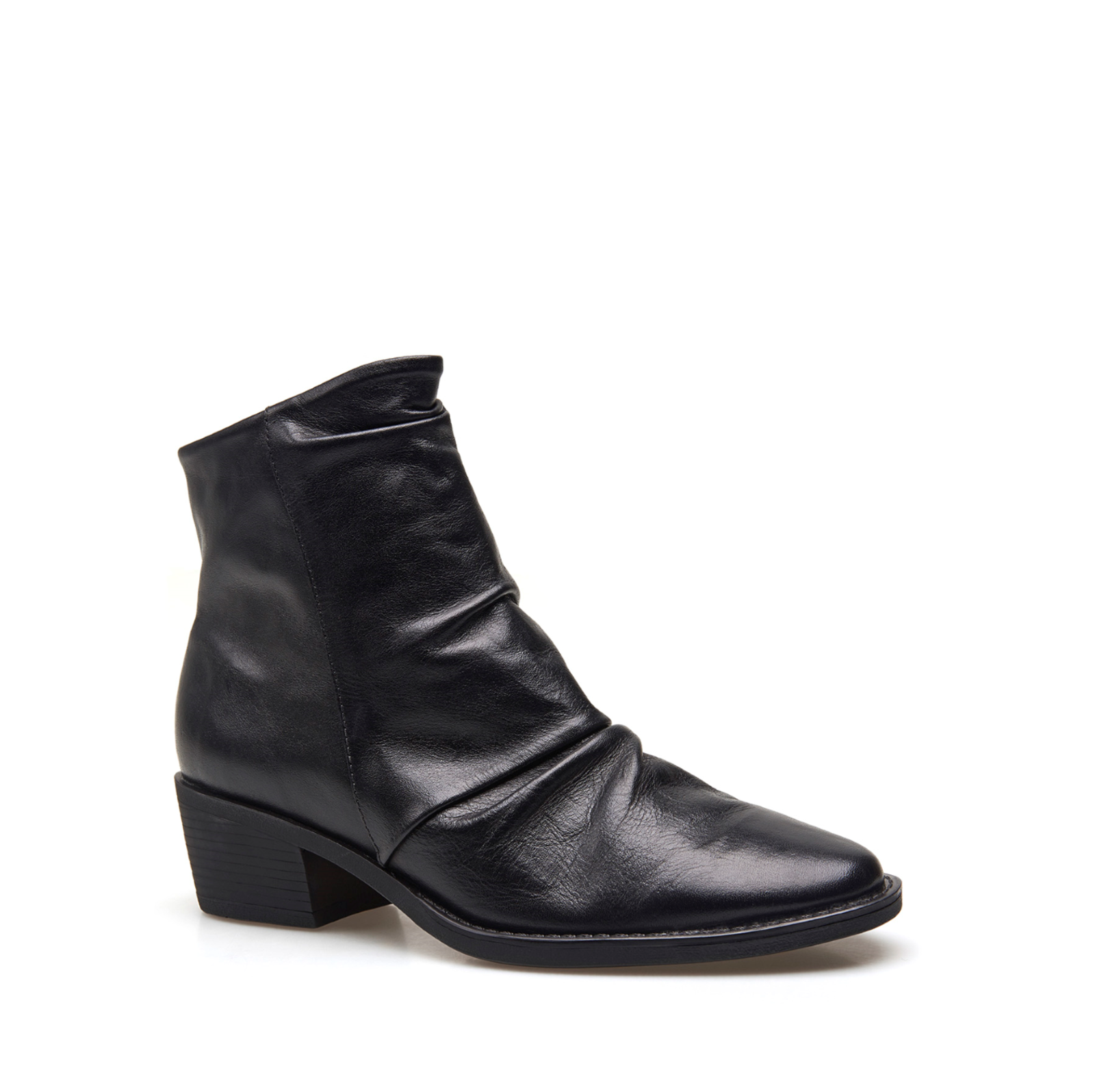 Bota Preta Cano Baixo Salto Baixo Couro Slouch