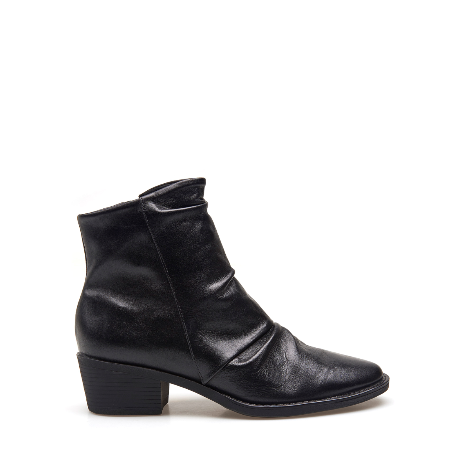 Bota Preta Cano Baixo Salto Baixo Couro Slouch