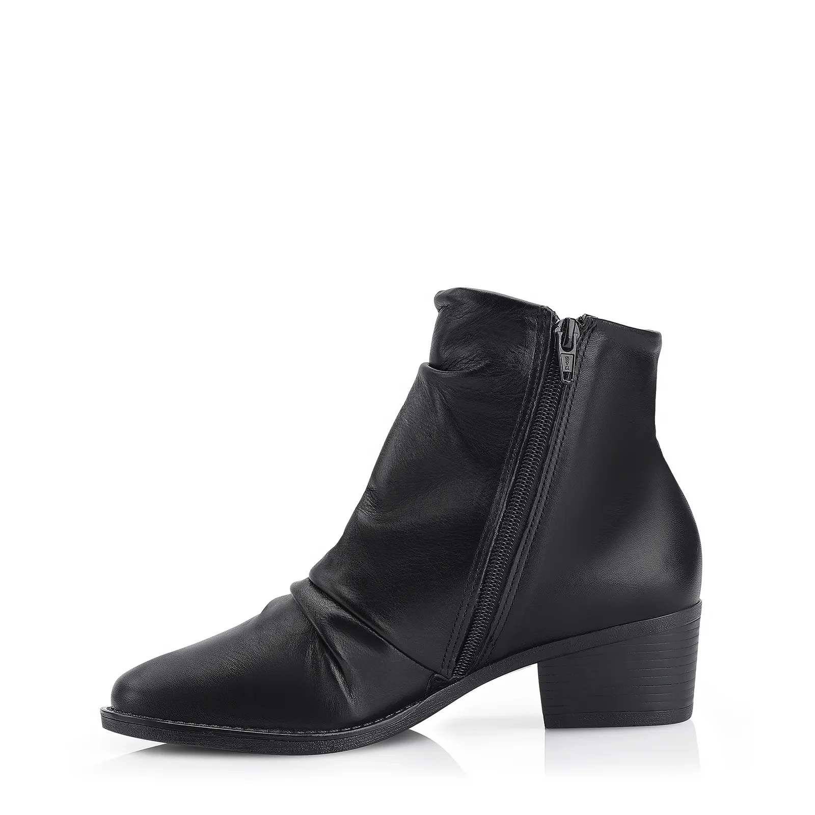 Bota Preta Cano Baixo Salto Baixo Couro Slouch