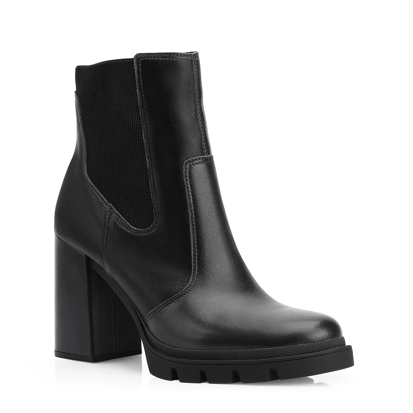 Bota Preta Cano Médio Salto Alto Couro Chelsea Tratorada
