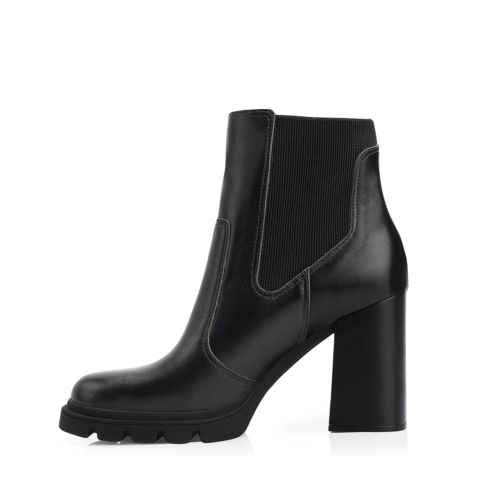 Bota Preta Cano Médio Salto Alto Couro Chelsea Tratorada