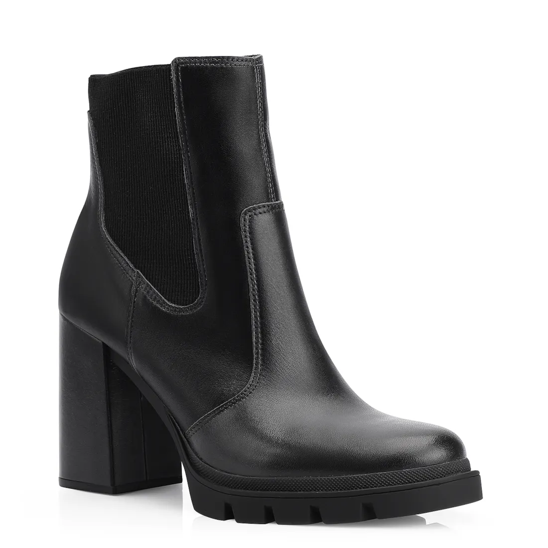 Bota Preta Cano Médio Salto Alto Couro Chelsea Tratorada