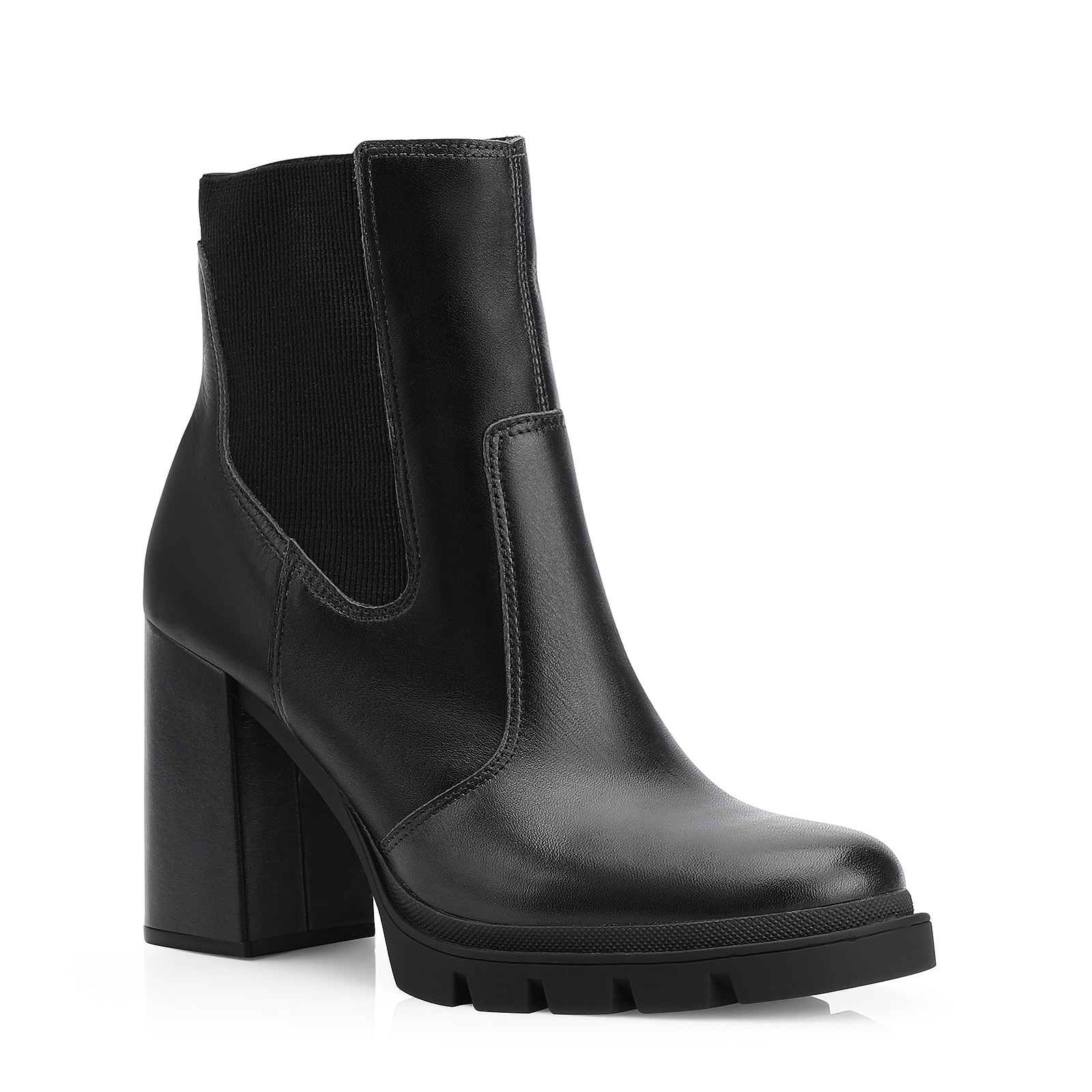 Bota Preta Cano Médio Salto Alto Couro Chelsea Tratorada
