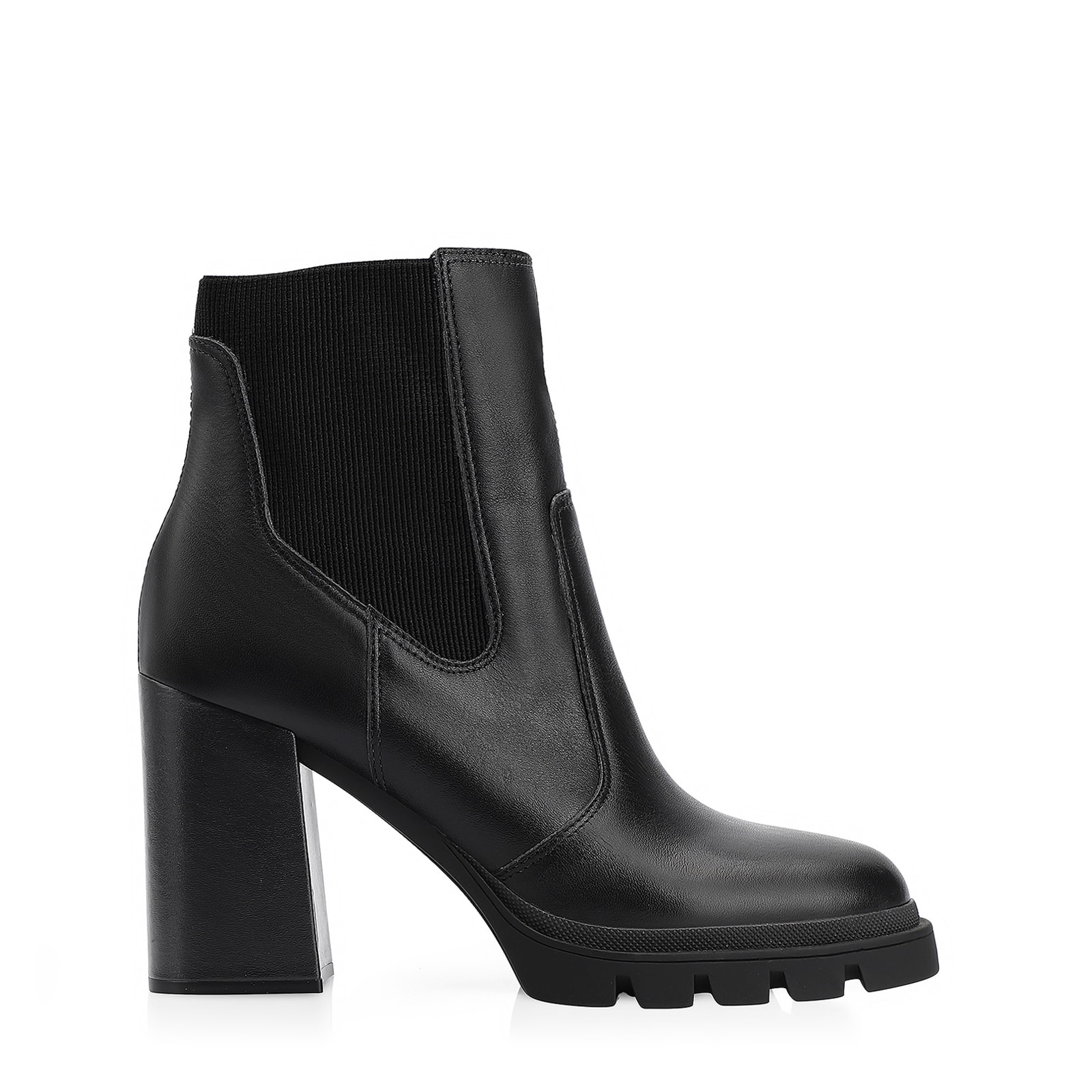 Bota Preta Cano Médio Salto Alto Couro Chelsea Tratorada