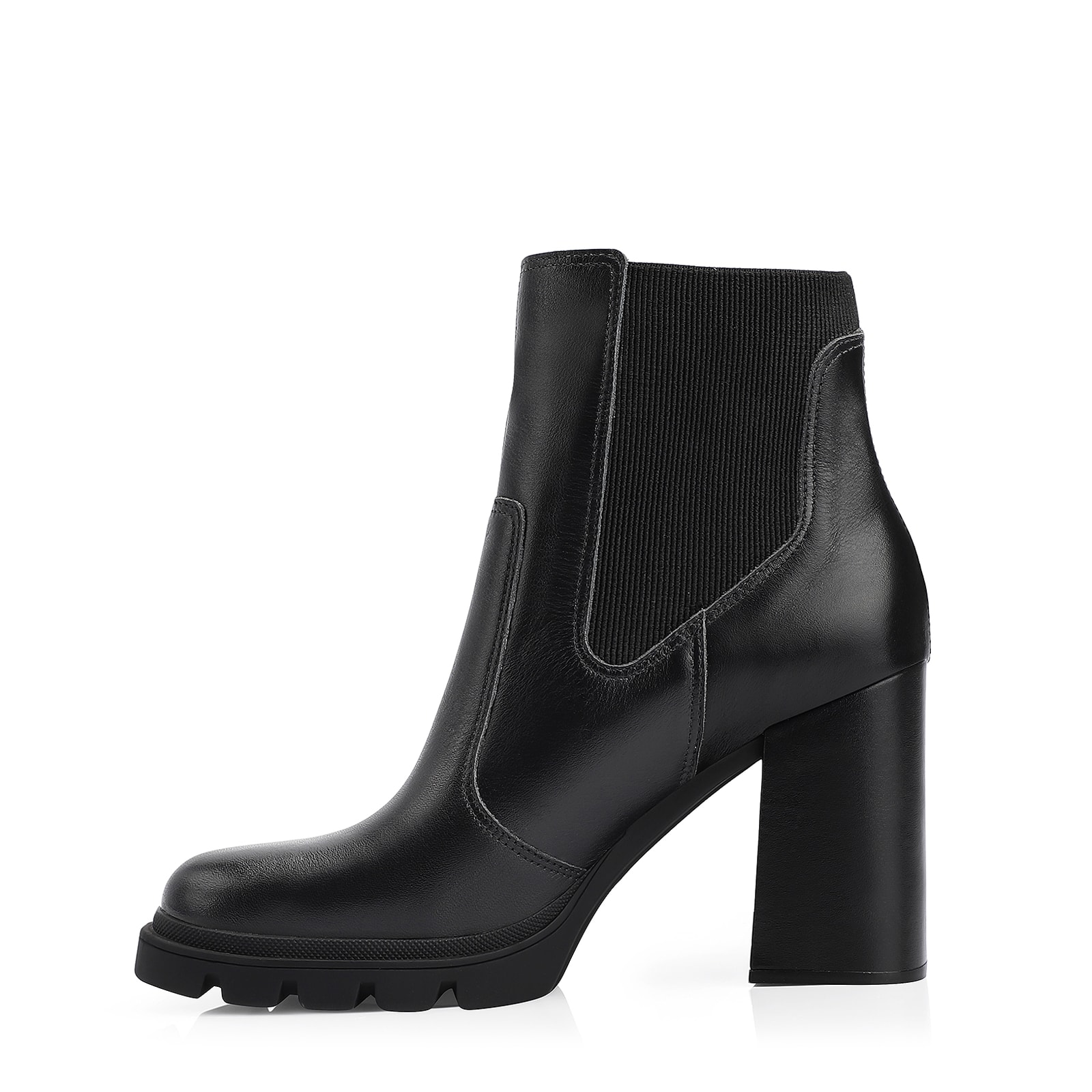 Bota Preta Cano Médio Salto Alto Couro Chelsea Tratorada