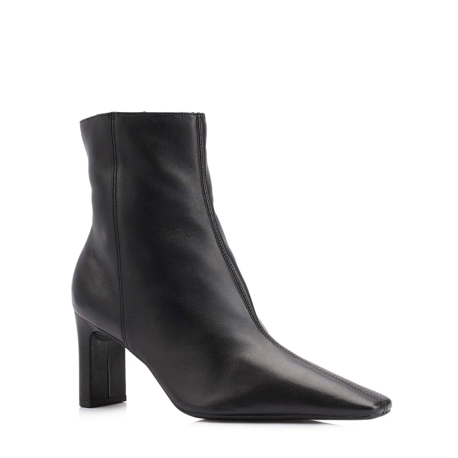 Bota Preta Cano Médio Salto Alto Couro Pesponto