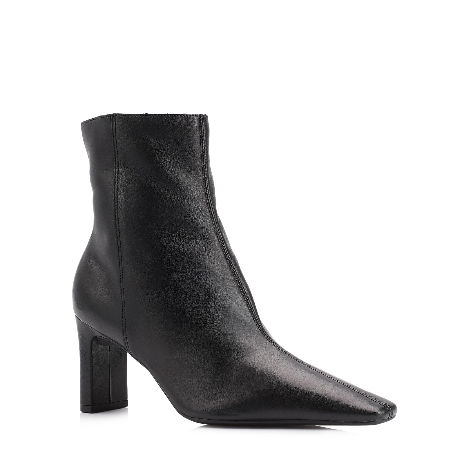 Bota Preta Cano Médio Salto Alto Couro Pesponto
