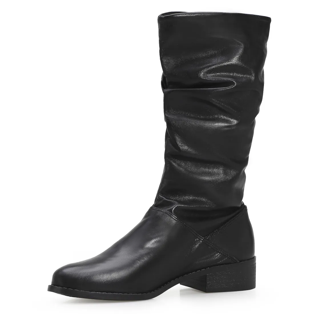 Bota Preta Cano Médio Salto Baixo Couro Slouch - foto 5