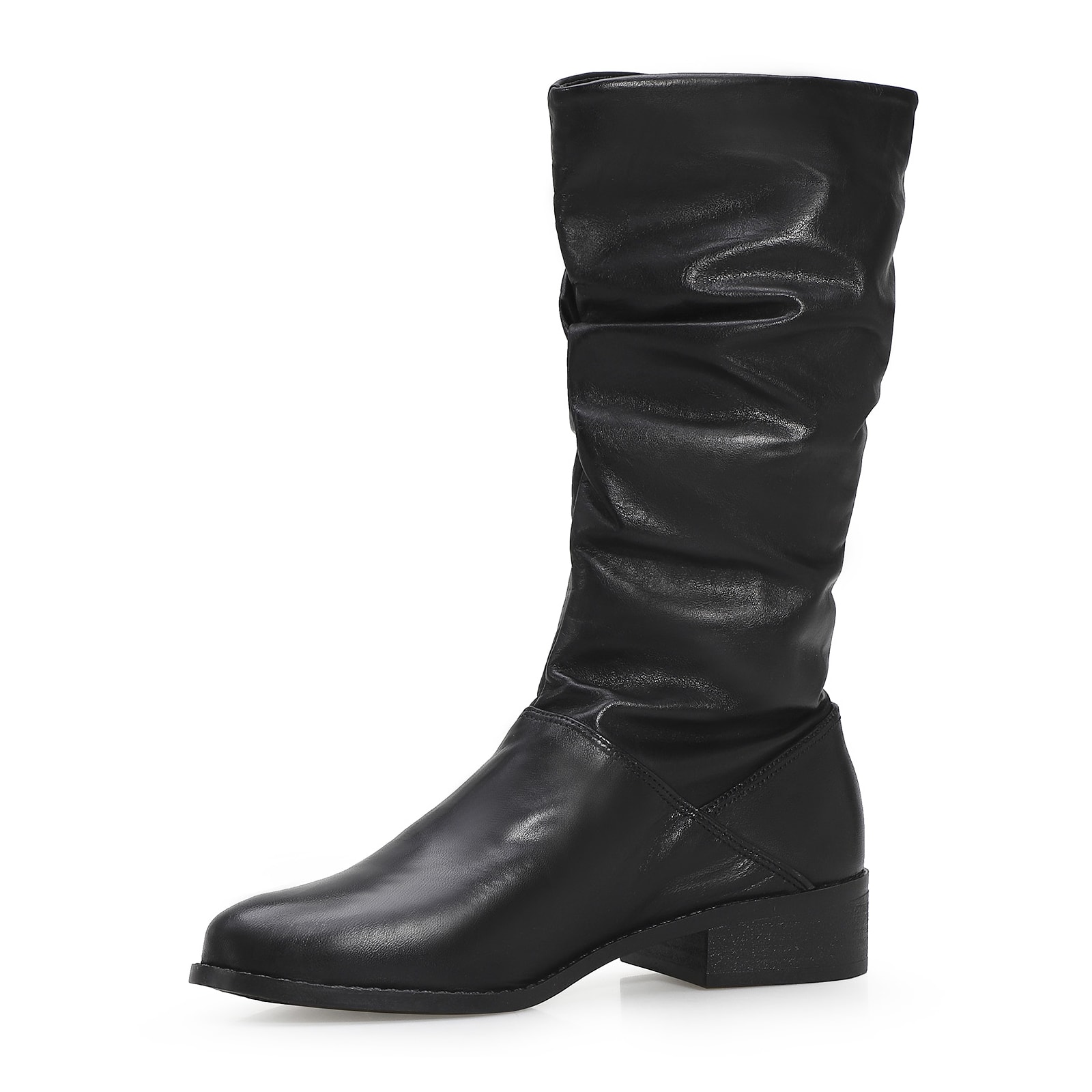 Bota Preta Cano Médio Salto Baixo Couro Slouch