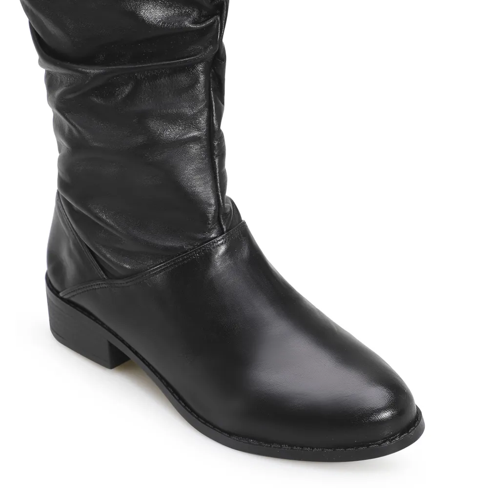 Bota Preta Cano Médio Salto Baixo Couro Slouch - imagem 7
