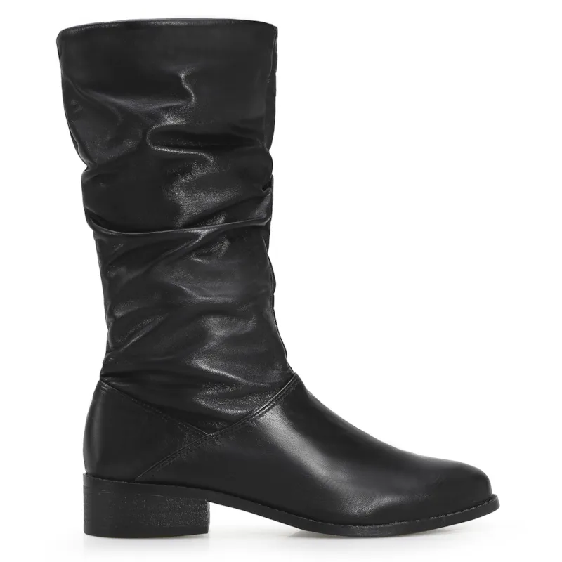 Bota Preta Cano Médio Salto Baixo Couro Slouch - foto 3