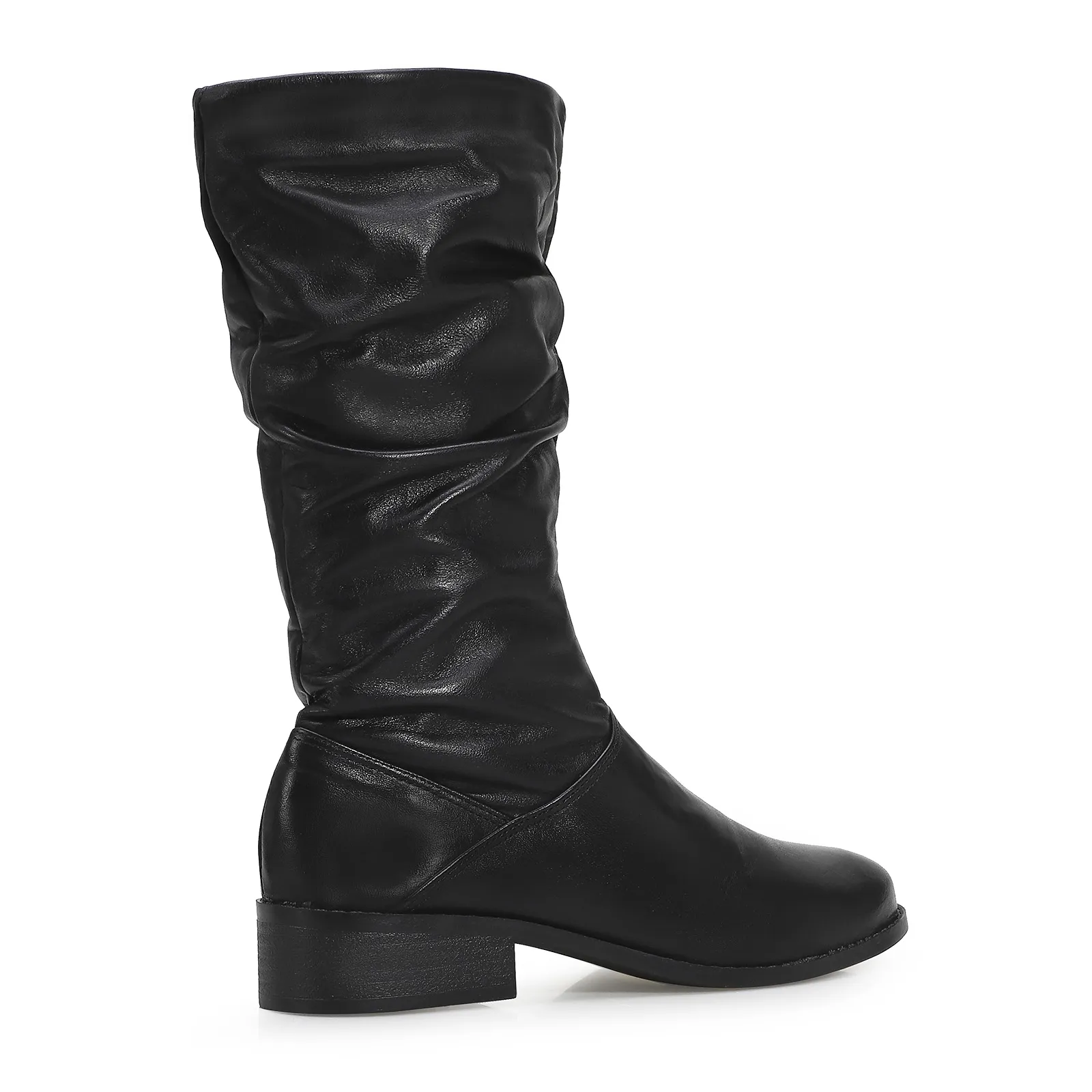 Bota Preta Cano Médio Salto Baixo Couro Slouch