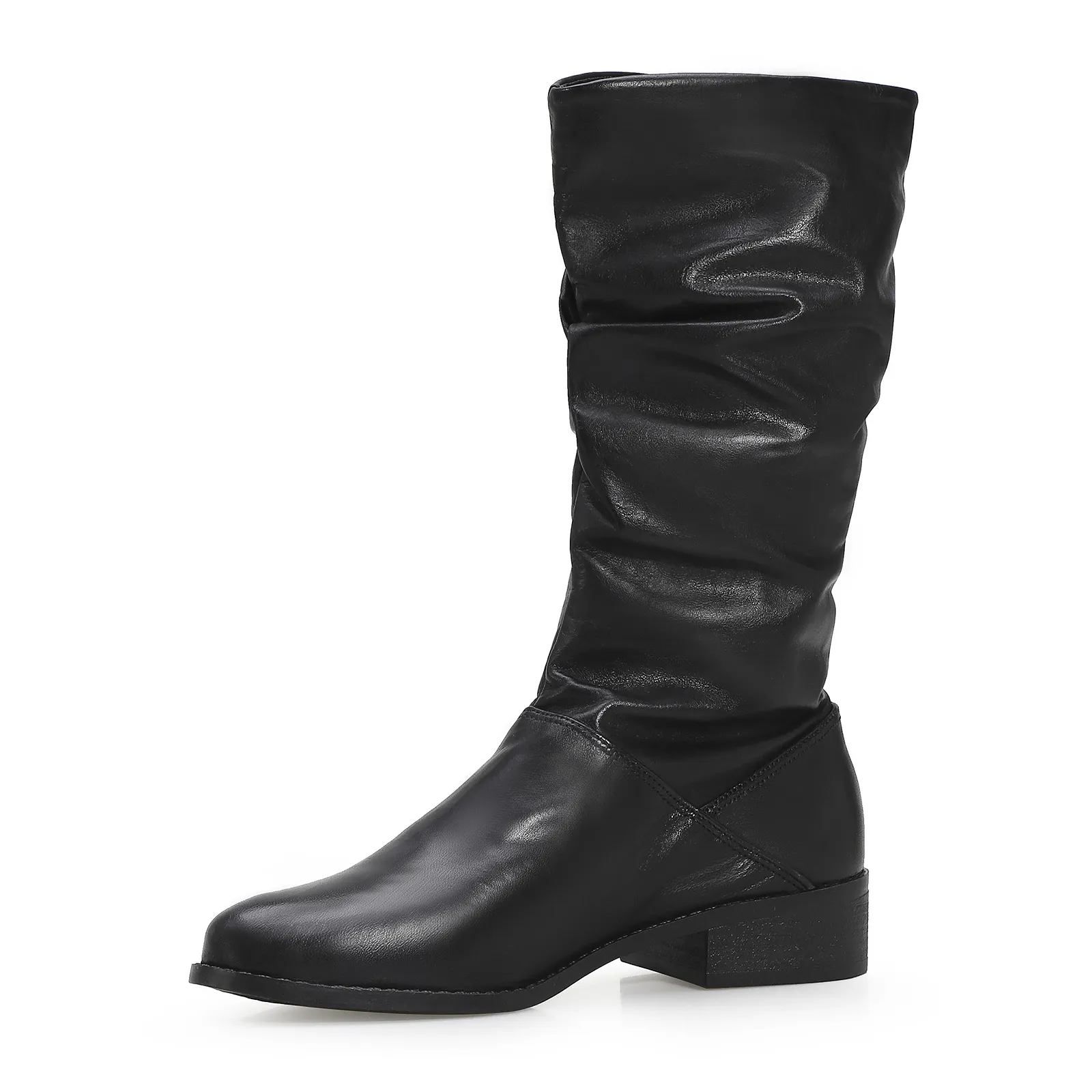 Bota Preta Cano Médio Salto Baixo Couro Slouch