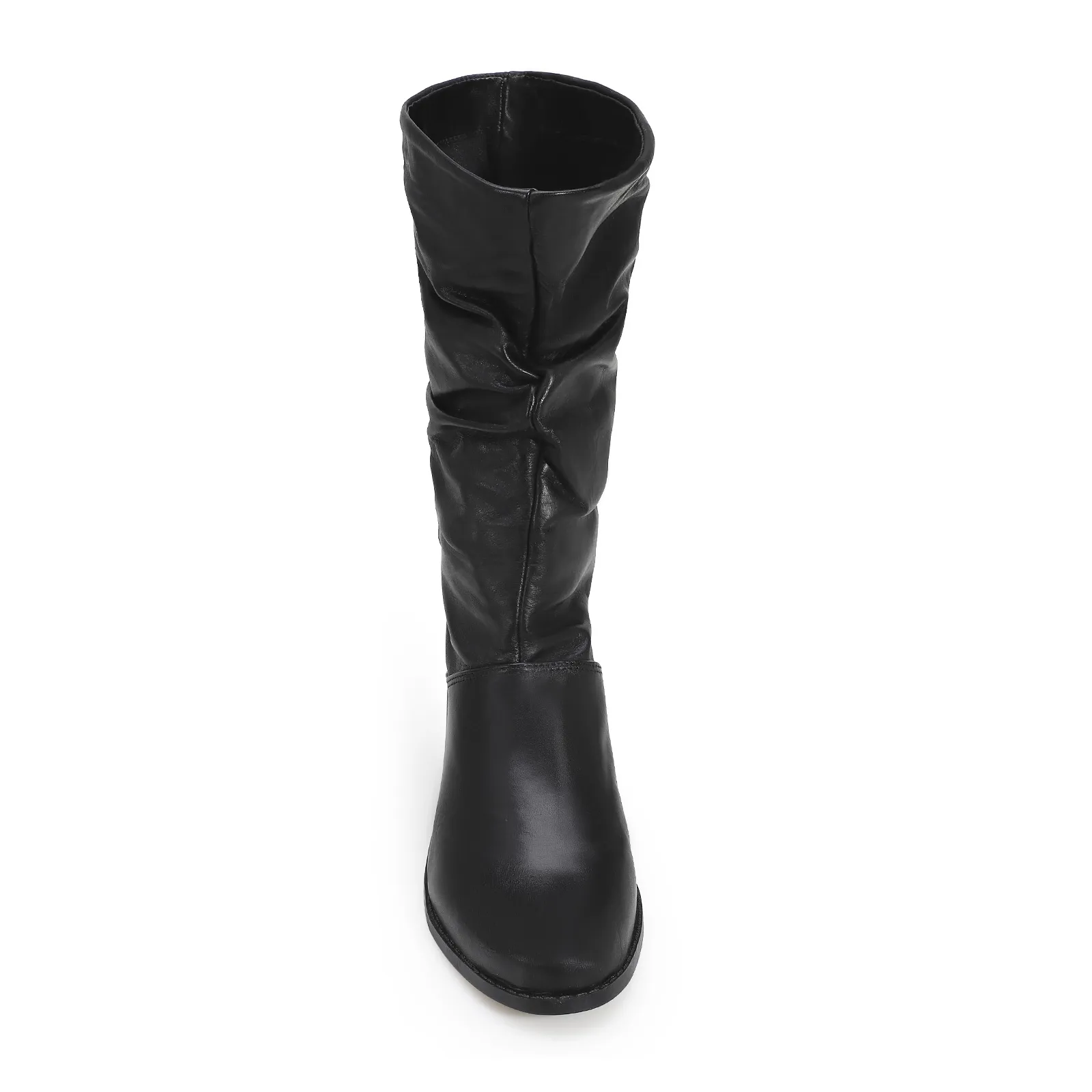 Bota Preta Cano Médio Salto Baixo Couro Slouch