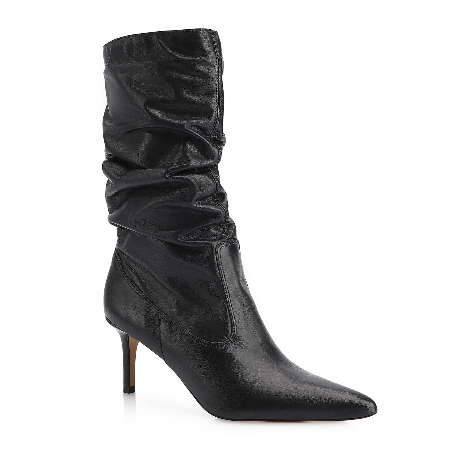 Bota Preta Cano Médio Salto Médio Couro Bico Fino Slouch