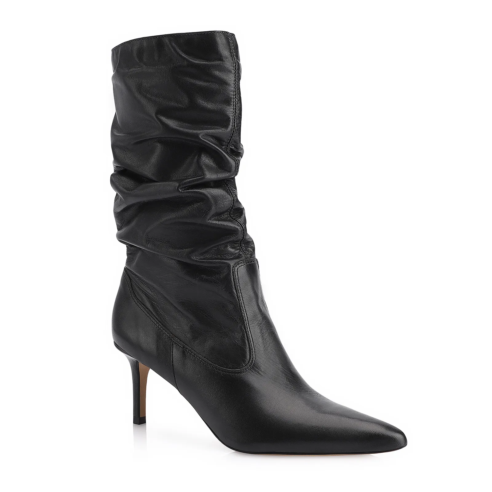 Bota Preta Cano Médio Salto Médio Couro Bico Fino Slouch